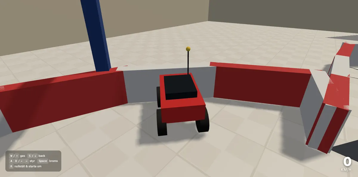 ToyTorque i början: en låda på hjul på en enkel bana.